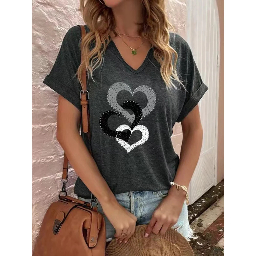 

Women Tshirt Summer 3d Interlocking love Print Women's V-Neck T-shirt Casual Short Sleeve Fashion Vintage Tops Oversize Clothes