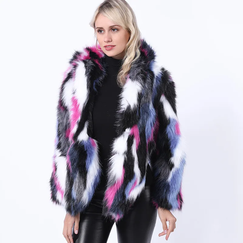 Women's Fur Jacket Mid-Length Fox Fur Colored Mosaic Fur Coat Female Furry Coat Female Faux Fur Coat