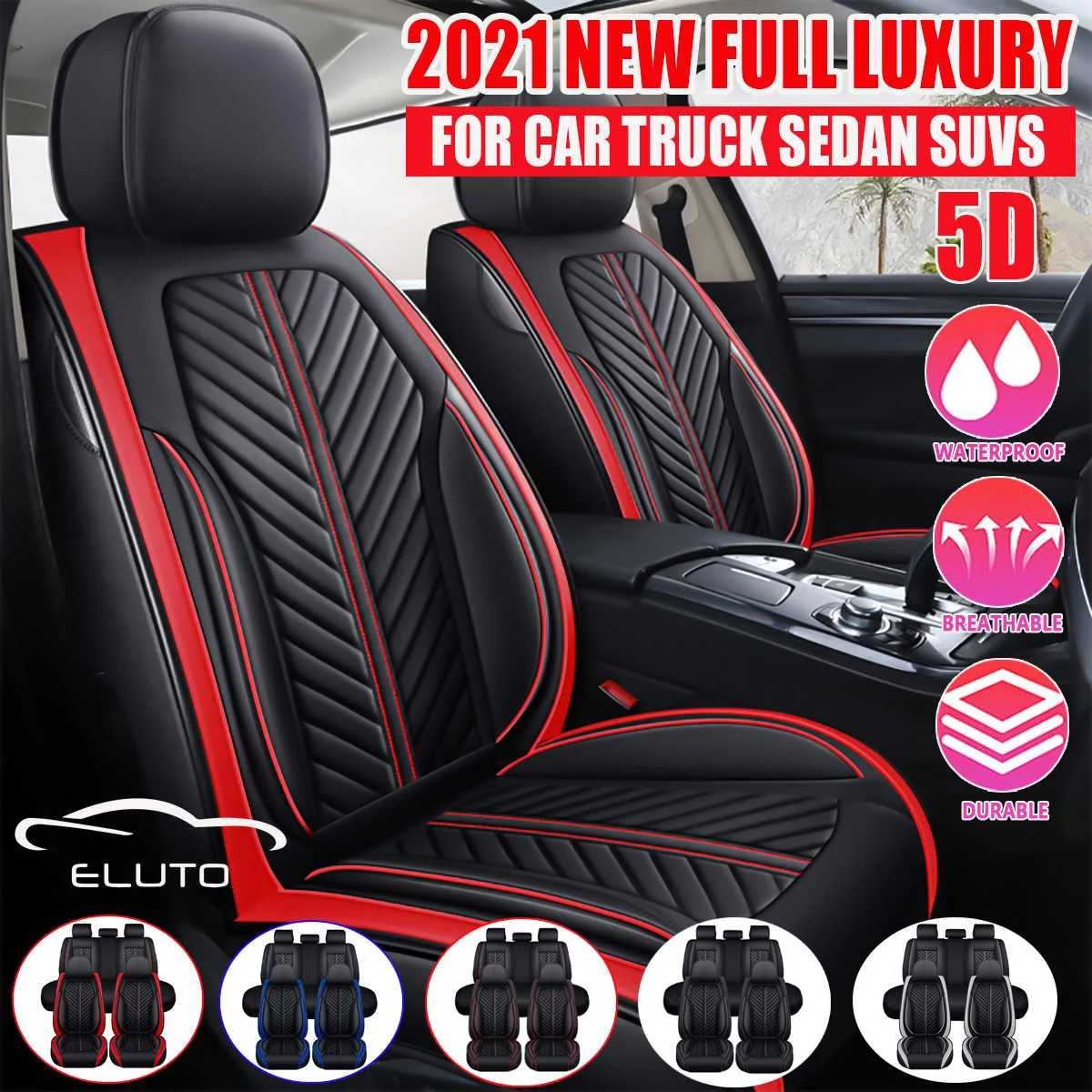 11PCS Full Set Car Seat Covers 5 Seater Seats Cover PU Leather Seat Cushion Cover 5D Front Rear Seat Cover Universal SUV Trucks