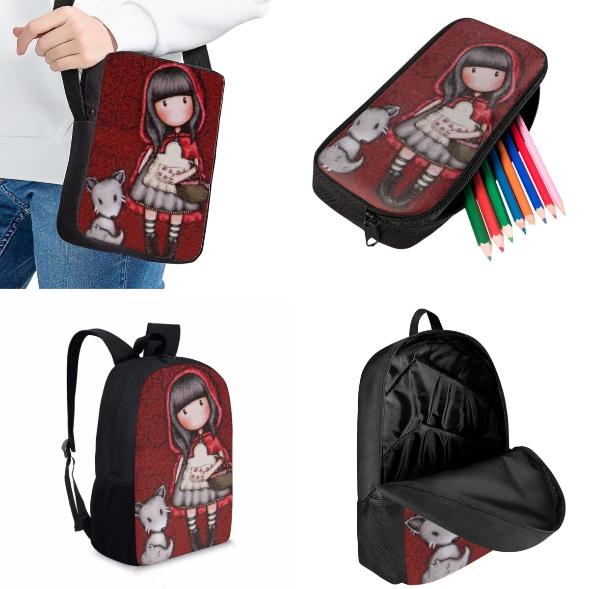 Jackherelook Cartoon School Bags Cute Little Girl Pattern Print Fashion Kids School Backpacks 3pcs/Set Girls Bookbags Knapsack