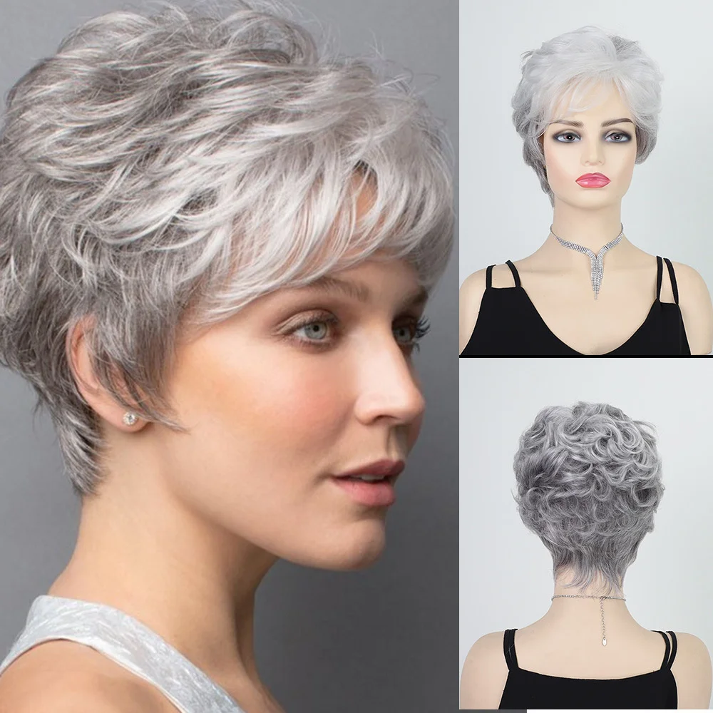 синтетические парики Серебряные короткие вьющиеся волосы для женщин среднего и