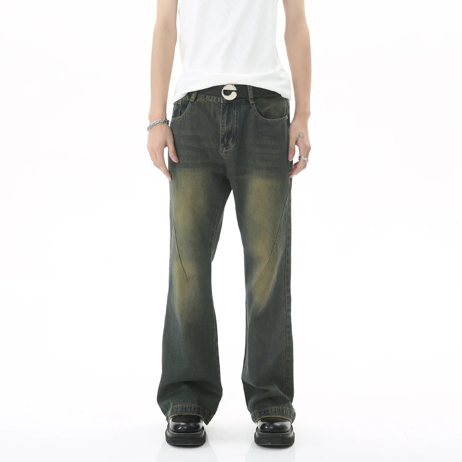 

Мужские свободные джинсы в стиле ретро, синие повседневные облегающие брюки средней длины с высокой талией, весна-лето 2023