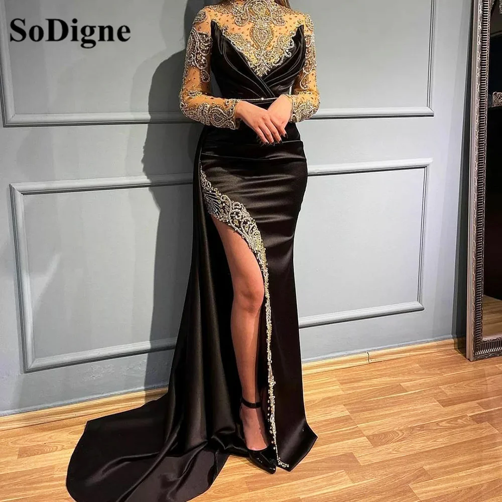 

SoDigne Black Long Sleeves Mermaid Prom Dresses High Neck Pearls Beads Pleats Split Dubai Arabic Women Party Evening Gowns