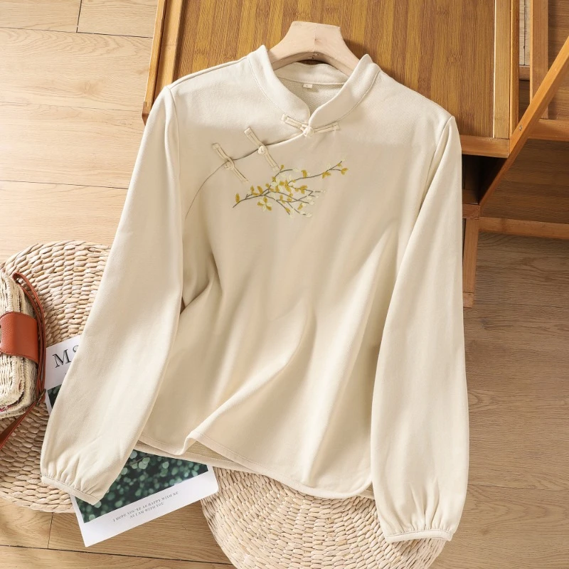 

Embroidery Vintage Women's shirts Cotton linen Chinese Style Blouses Summer 2023 new O-neck Clothing Loose Long sleeves tops