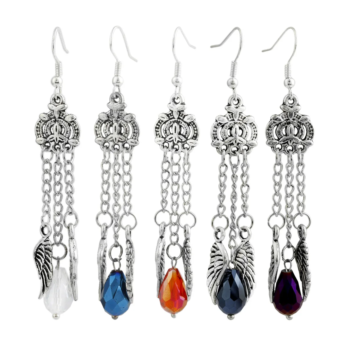 

TUMBEELLUWA Vintage Tibetan Silver Tassels With Wings Rainbow Crystal Glass Beads Dangle Drop Hook Long Earrings Women's Jewelry