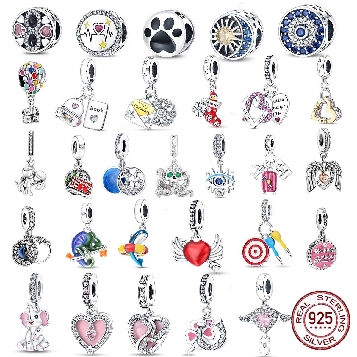 Женский браслет с аистом и мерцающими звездами из серебра 925 пробы | Шармы