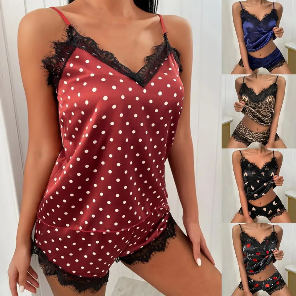

Spaghetti Strap Eyelash Decor Vest Shorts Set Imitation Satin Dot Heart Print V-Neck Sleeveless Pajama Set for Wedding Night