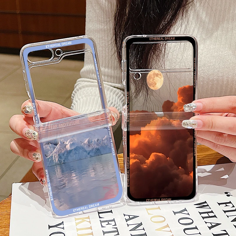 Прозрачный чехол для телефона с пейзажным узором Samsung Galaxy Z Flip 6 5 4 3 5G