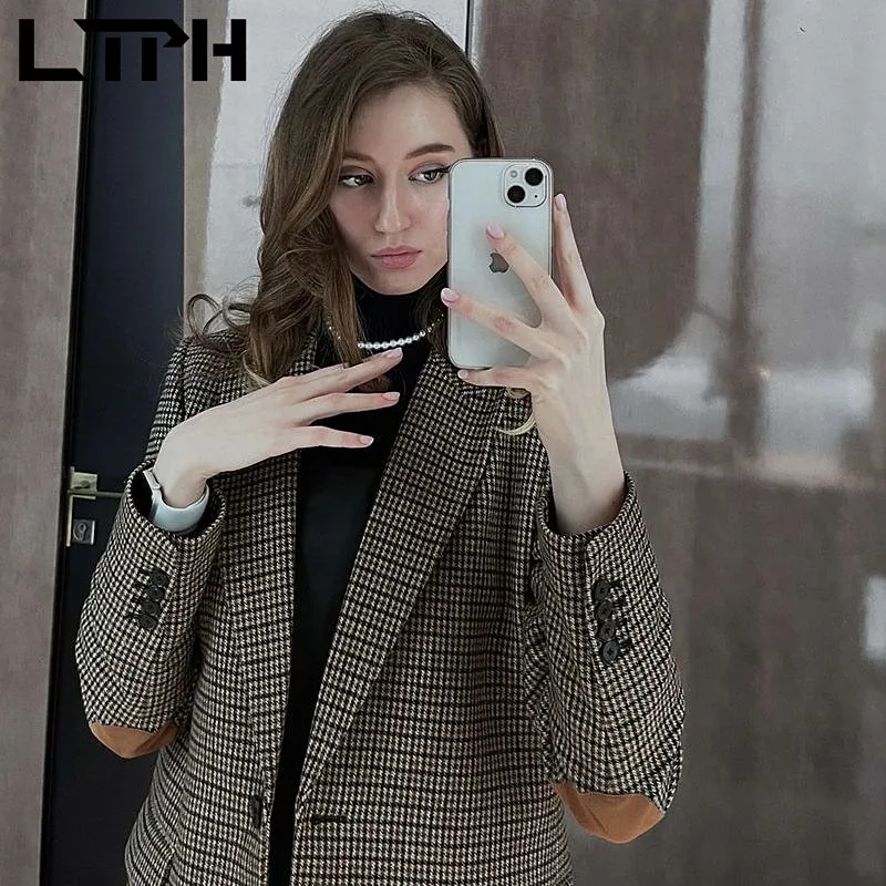 

LTPH vintage checked blazer women splicing plaid jacket advanced temperament england office ladies suit coat 2022 spring new