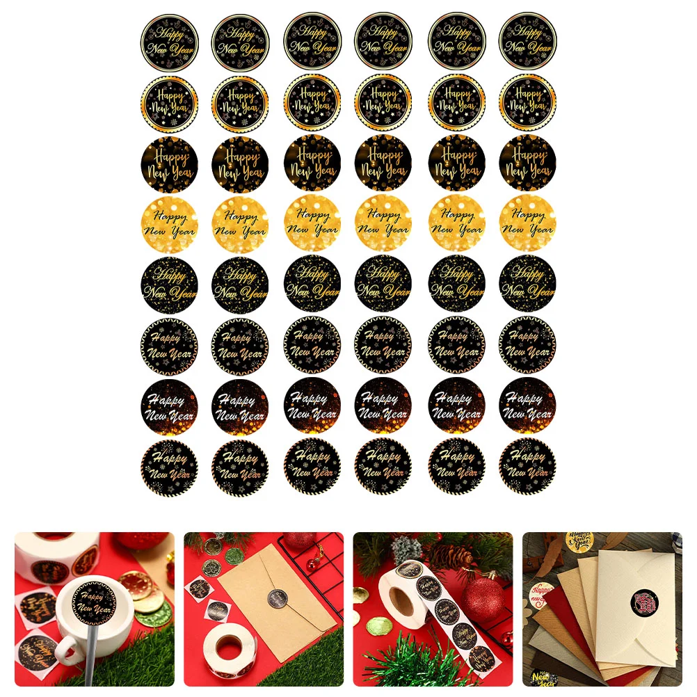 

Stickers New Year Gift Tags Happy Sticker Envelope Roundseal Floral Treats Boxes Letter Holiday Labelsgold Decor Blackchristmas