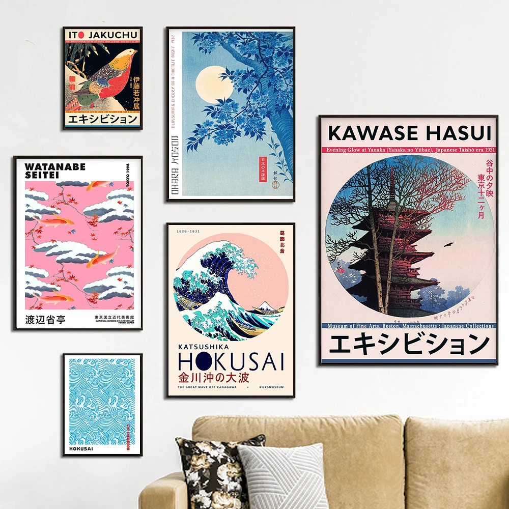 Японский художественный постер Hokusai волны птицы рыба настенные картины
