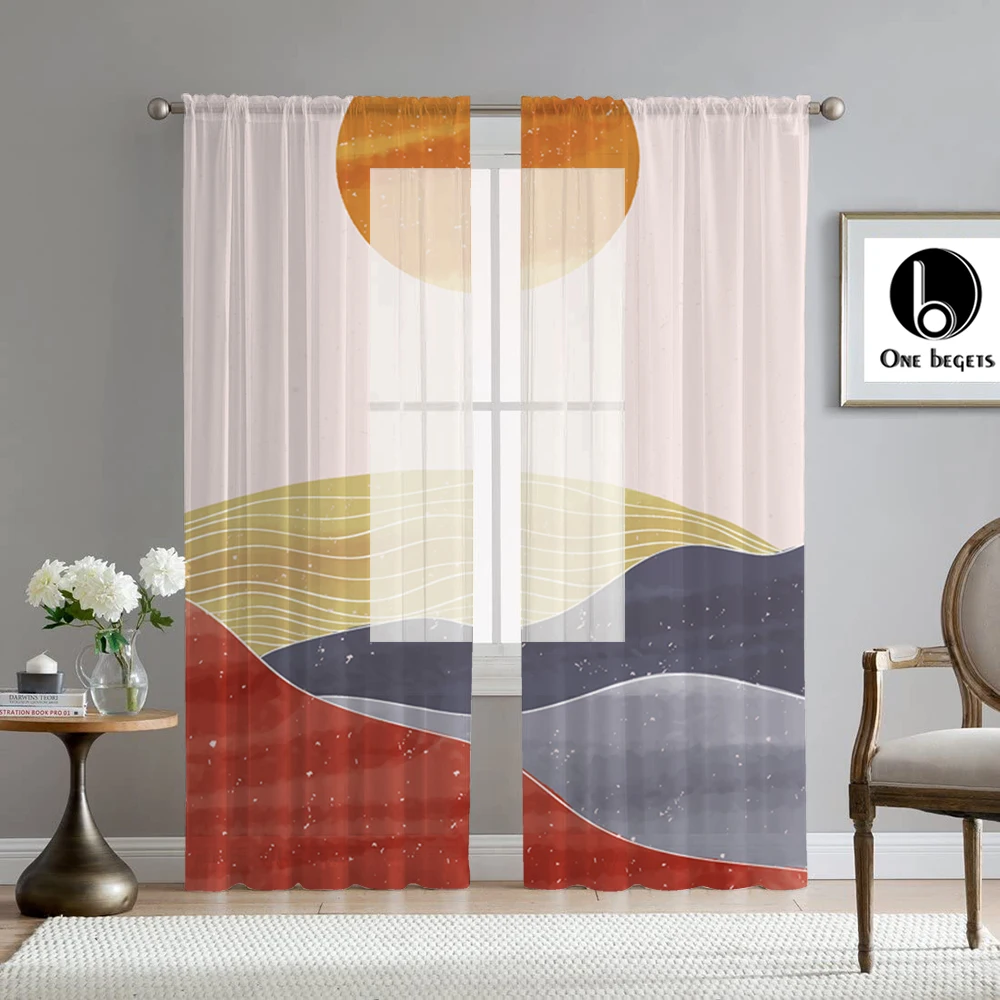 

Sunset Sunrise Chiffon Curtain Khaki River Light Brown Mountains Living Room Cafe Restaurant Window Screens