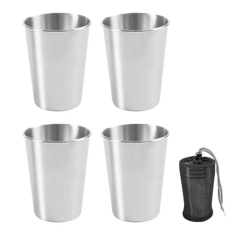 

4 Pack Steel Pint Cup 12oz Stainless Steel Cups Shatterproof Cup Tumblers Unbreakable Metal Drinking Glasses For Bar Home