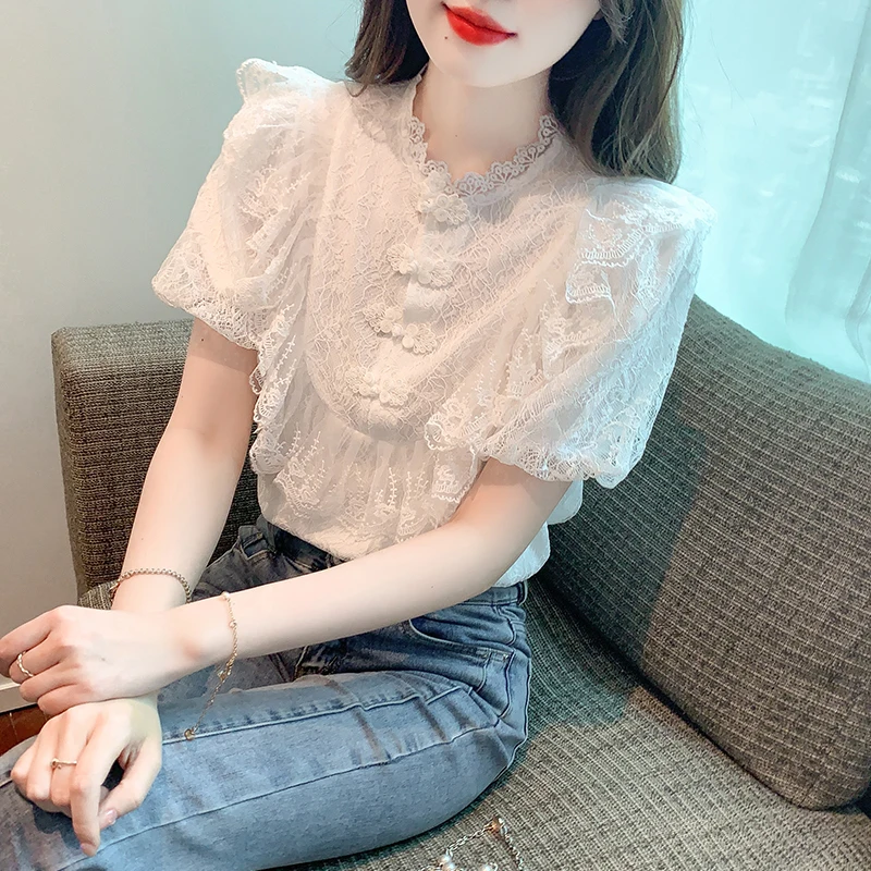 

Sigutan womens tops and blouses New elegant ladies lace chiffon shirts Spring Summer short sleeve Tops blusa mujer