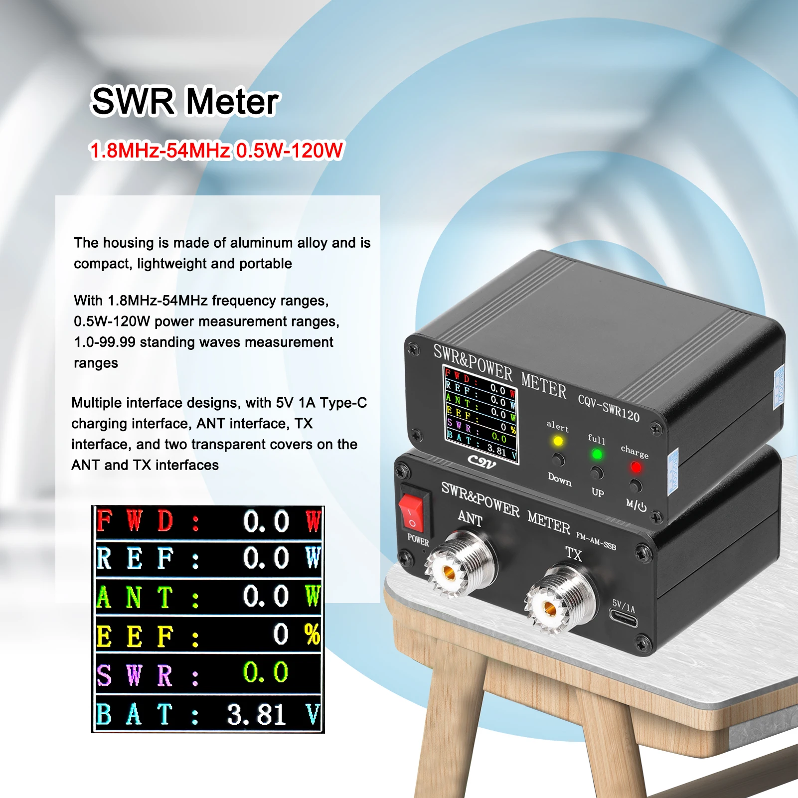

1.8MHz-54MHz Standing-waves Meter 240 * 240 Full Color Digital LCD Display SWR Short Waves Meters 0.5-120W Power Watt Meter