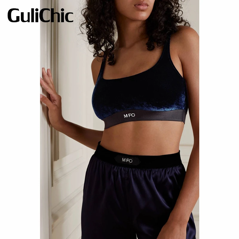 GuliChic-Top corto de terciopelo con tirantes y letras para mujer, conjunto de Leggings ajustados con Espalda descubierta, Sexy, a la moda, 8,10