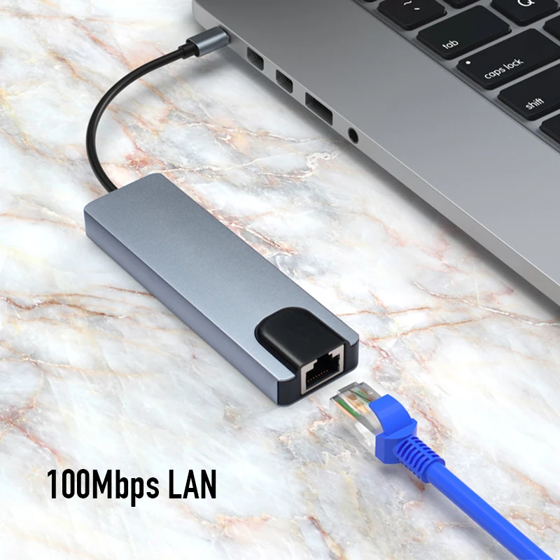 Фото Концентратор 5 в 1 USB типа C USB-C до 100 Мбит/с RJ45 LAN USB3.0 USB 2.0 PD Charge 4K 30 Гц HDTV Extender Dock для Macbook Air Pro №4