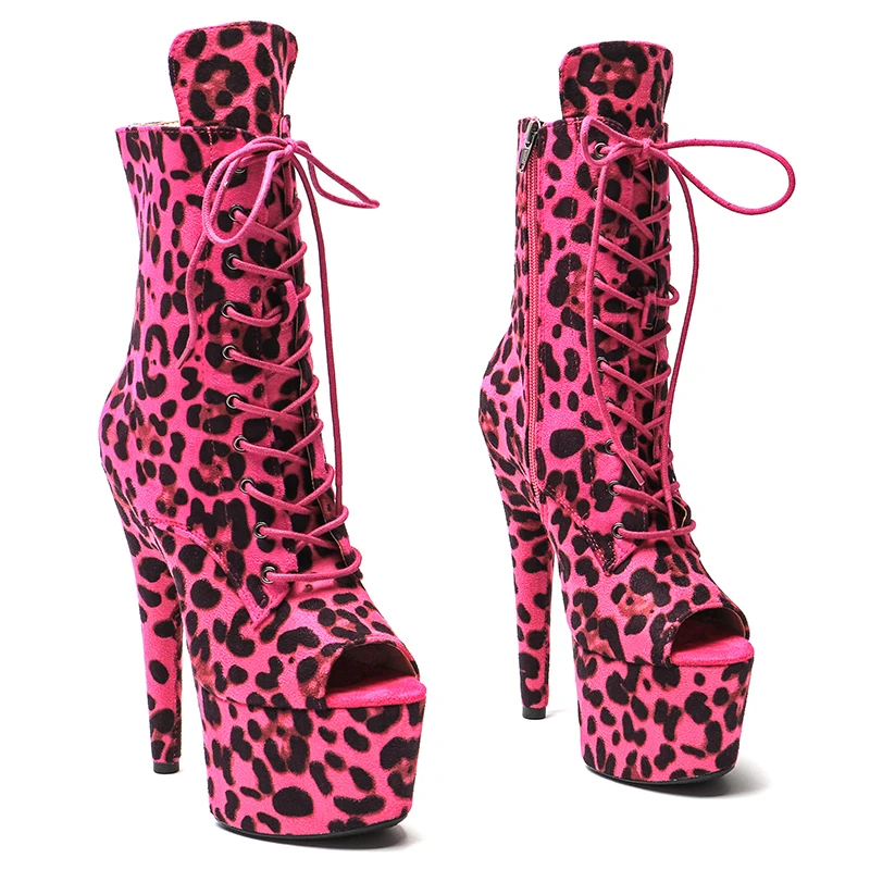 Leecabe 17CM/7Inches Leopard upper High Heel platform Boots Open toe  Pole Dance boot