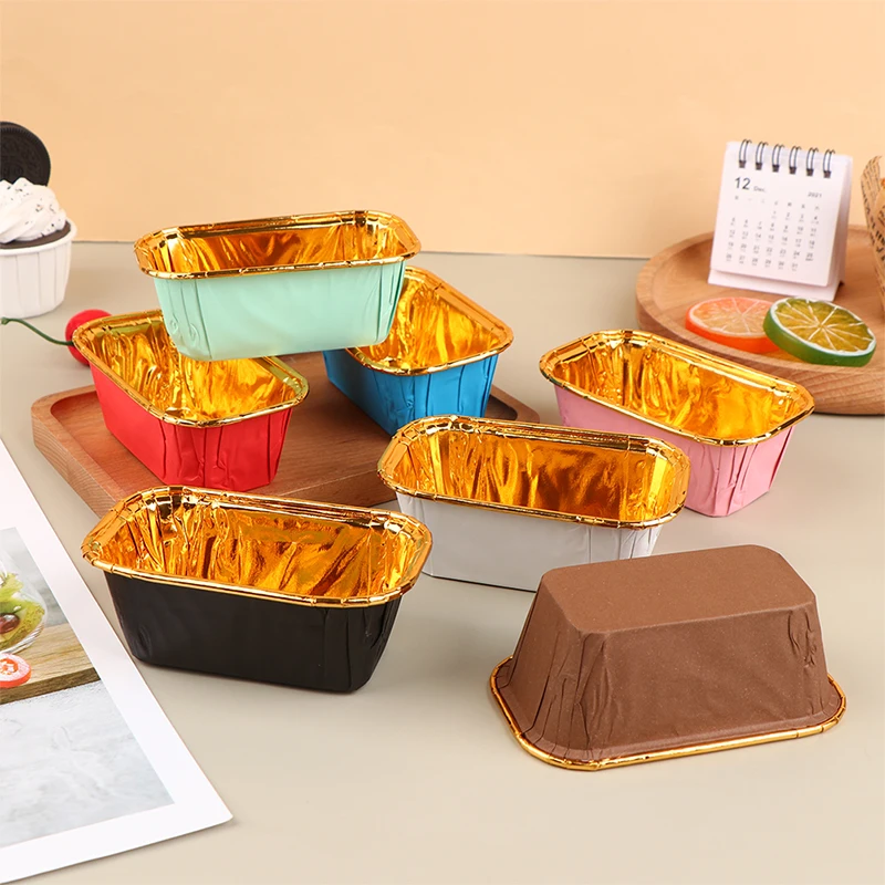 

50pcs Aluminum Foil Baking Cake Box Colorful Rectangular Small Tin Cupcake Baking Pan Pudding Box Cheese Dessert Cup With Lid