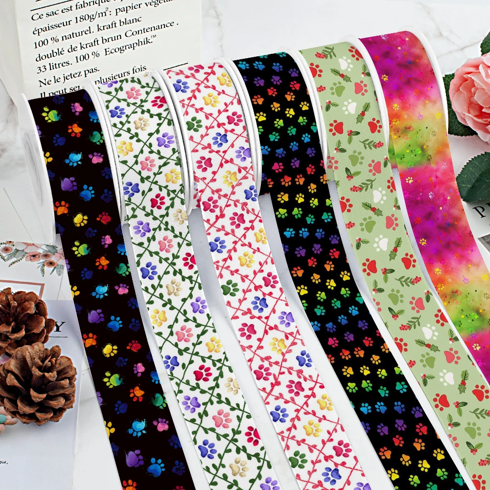 

Цветная корсажная атласная лента с принтом в виде кости собачьей лапы для упаковки подарков, бант для волос, высота 50 ярдов