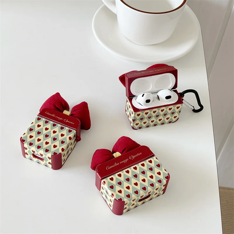 

For AirPods 1 2 3 Pro Earphone Case Lingge Love Sweet Bow Tie Skin Texture Silicone Anti-fall For Airpods 3 2021 Cover