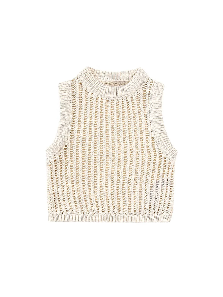 

Женский Повседневный модный шикарный свободный однотонный вязаный короткий топ без рукавов с круглым вырезом и вырезами, весна 2023