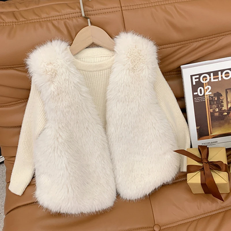 

1-8Y Kids Clothes Girls Faux Fur Vests Autumn Winter Rabbit Fur Beige Coat for Babies Fashion Solid Young Children's Clothing