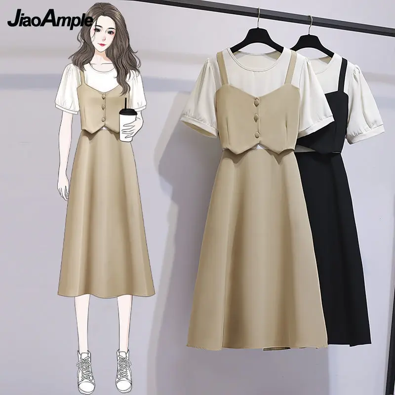 

Women Fashion Fake Two Pieces Dress Summer 2022 Korean Student Casual Loose Patchwork A-Line Midi Dresses Lady Cozy Clothing New