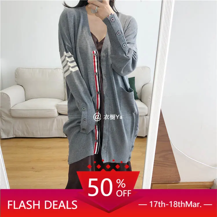 Spring TB British College Style Arm Striped V-neck Mid-length Single-breasted Loose Lazy Cardigan Jacket Women