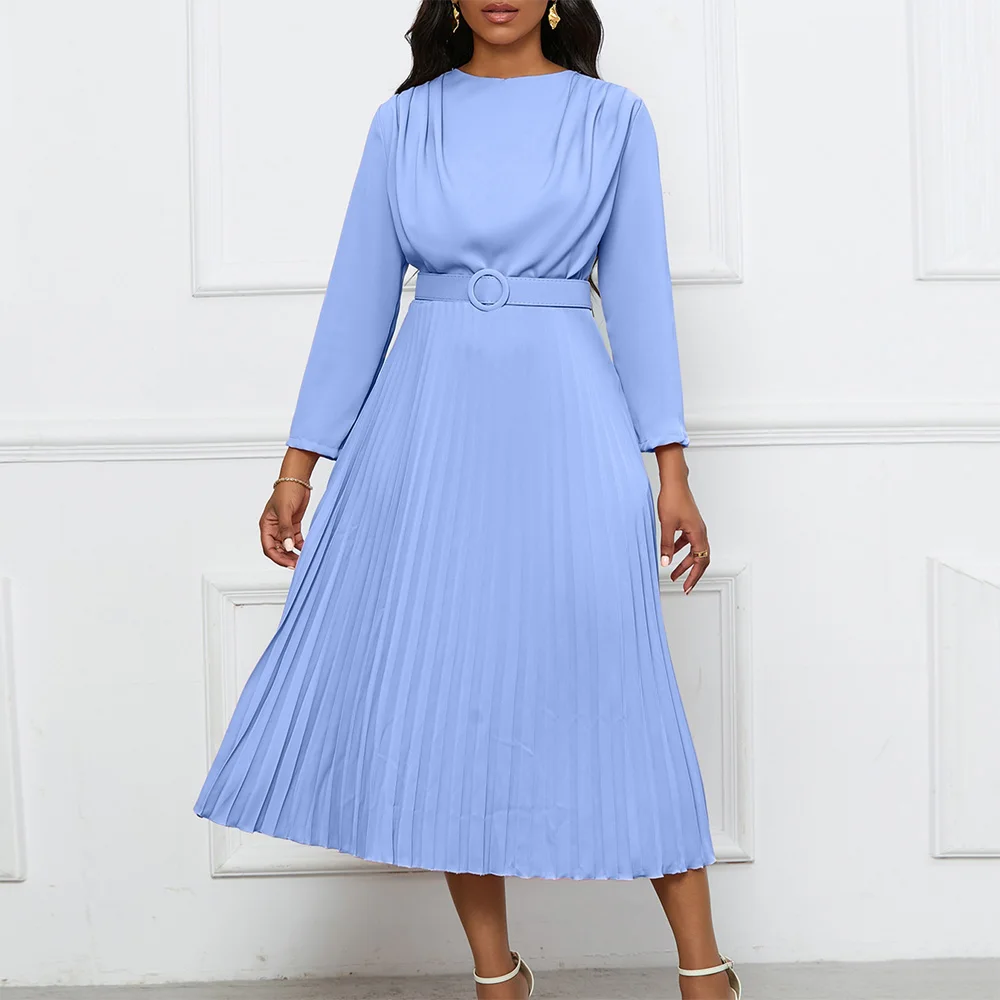 

Elegant Office Ladies Pleated Dresses for Women Round Neck Full Sleeve Belt Waisted Mid Calf Formal Business Work Wear Dress Hot