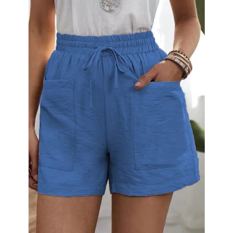 Casual Cotton Linen women's Shorts Wide Leg Elastic High Waist Shorts With Pockets Summer Female Clothing