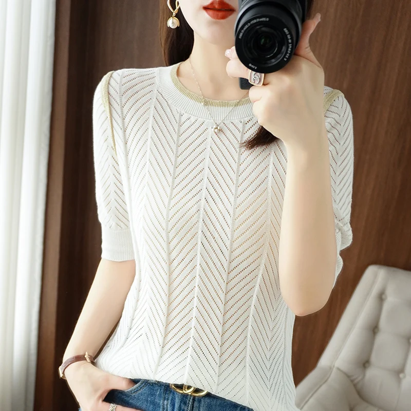 

Women's T-Shirt Summer 100% Cotton Sweater Short Sleeve Casual Patchwork Knit Ladies Top Overside Tees Crew Neck Blouse Cutout