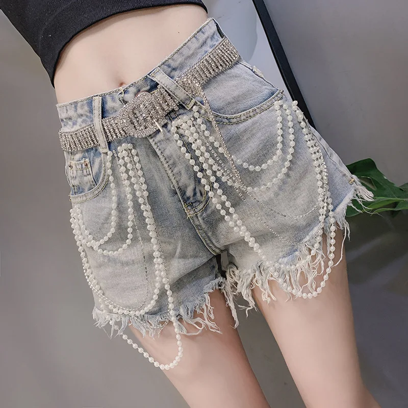 

Women 2021 Rhinestone Beads Wide Leg Pearls Tassels Denim Shorts Female New Summer Casual High Waist Jeans Chic Wild Shorts Blue
