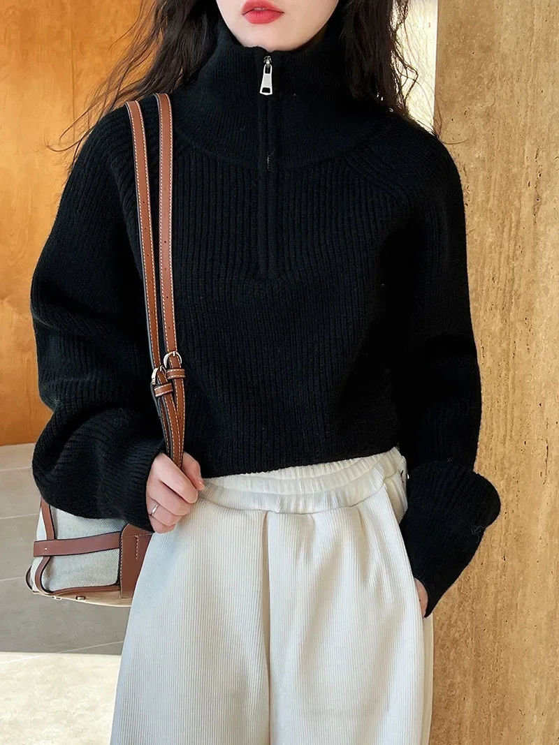 Базовый красный кардиган оверсайз для женщин пуловеры водолазка на молнии