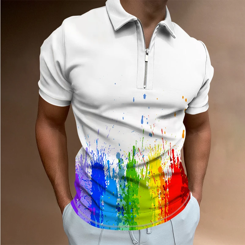 New style men's short sleeved T-shirt watercolor graffiti 3D printing lapel zipper polo shirt Harajuku street casual polo shirt