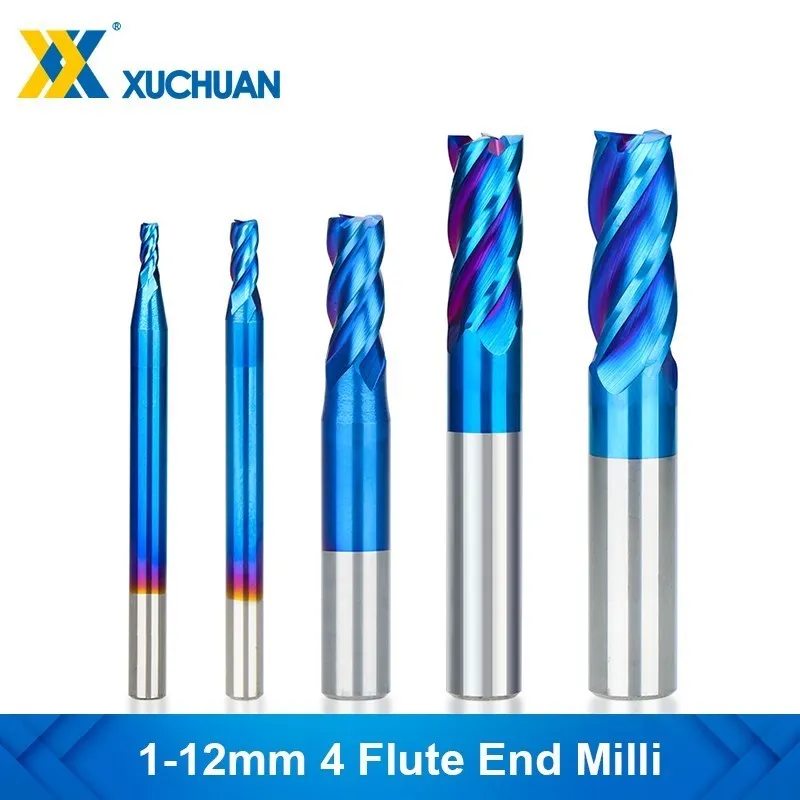 

4 Flute HRC65 Alloy Carbide Milling Tungsten Steel Milling Cutter Nano Blue Coated CNC Router Bits Spiral Milling Cutter
