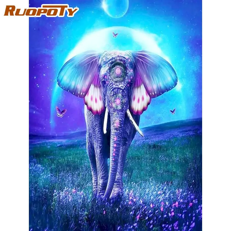 

RUOPOTY 5D DIY Diamond Painting Elephant Full Square Round Diamond Embroidery Dreamcatcher Mosaic Animals Home Decoration