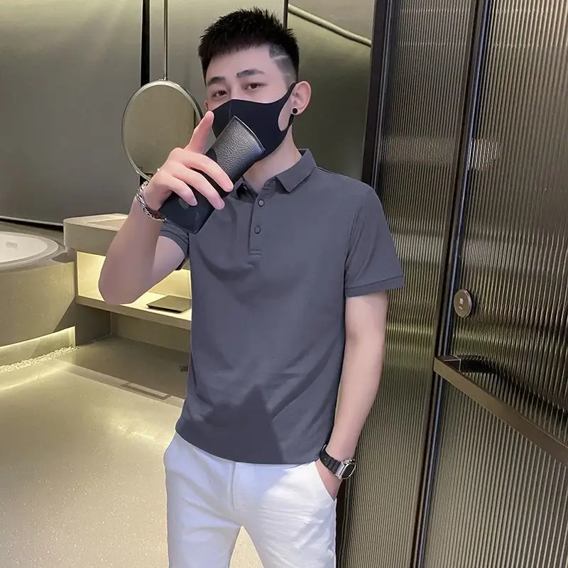 Мужская Однотонная рубашка-поло Повседневная с коротким рукавом модель A34 на
