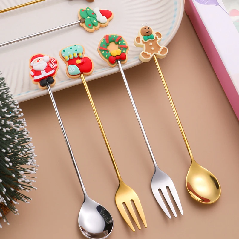 

2/1PCS Christmas Tableware Set Stainless Coffee Dessert Spoons Fork Xmas Gifts Christmas Decoration 2023 New Year Home Decor