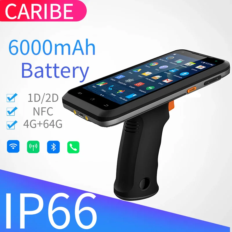 

CARIBE Rugged GSM 4G Handheld Computer device Android 8.1 Barcode Scanner 1D 2D NFC RFID Reader PDA with Pistol Grip
