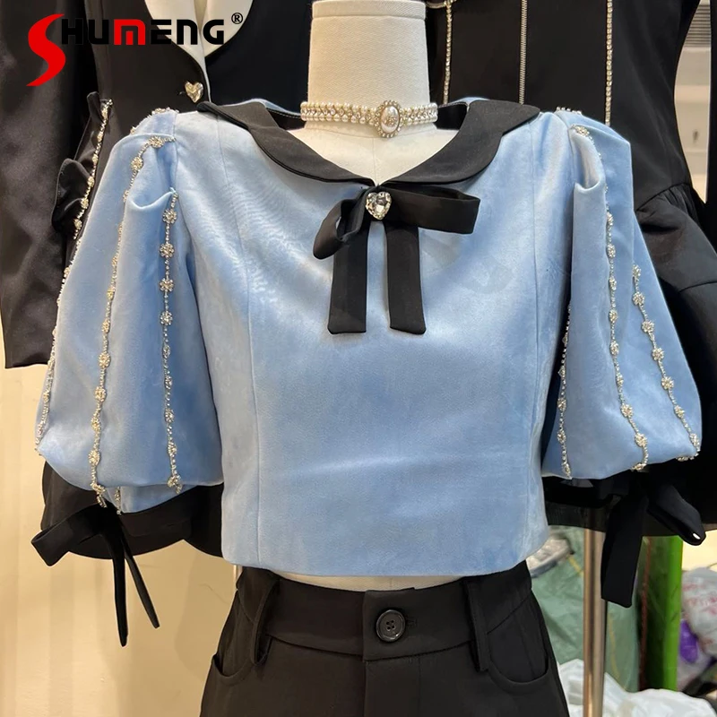 

Korean 2022 Summer New Female Sweet Bow Top Women's Fashion Slimming High Waist Midriff-Baring Short Sleeve Shirt Elegant Blusas