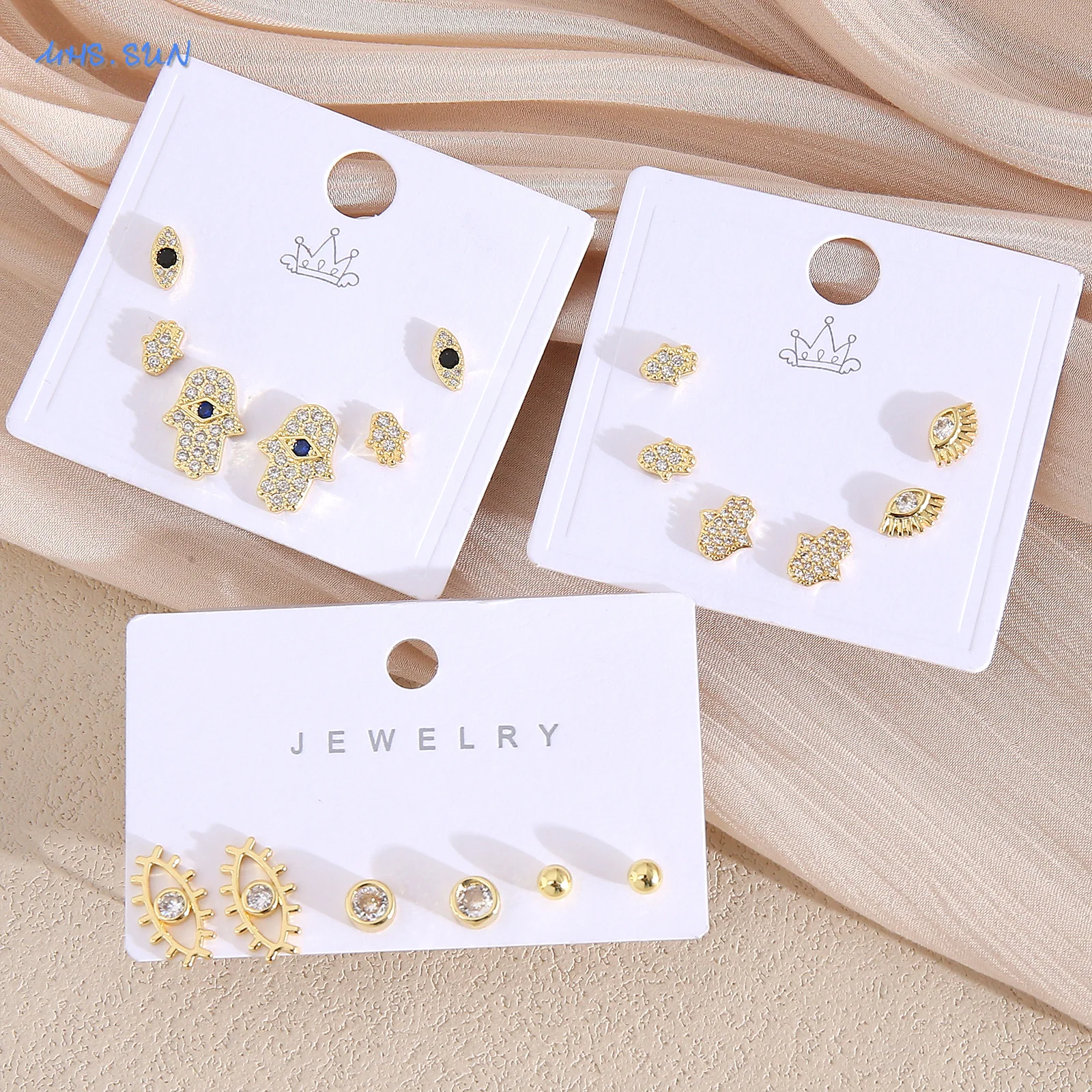 MHS.SUN 3 пары серег-гвоздиков с цирконием Фатима Хамса набор позолоченных