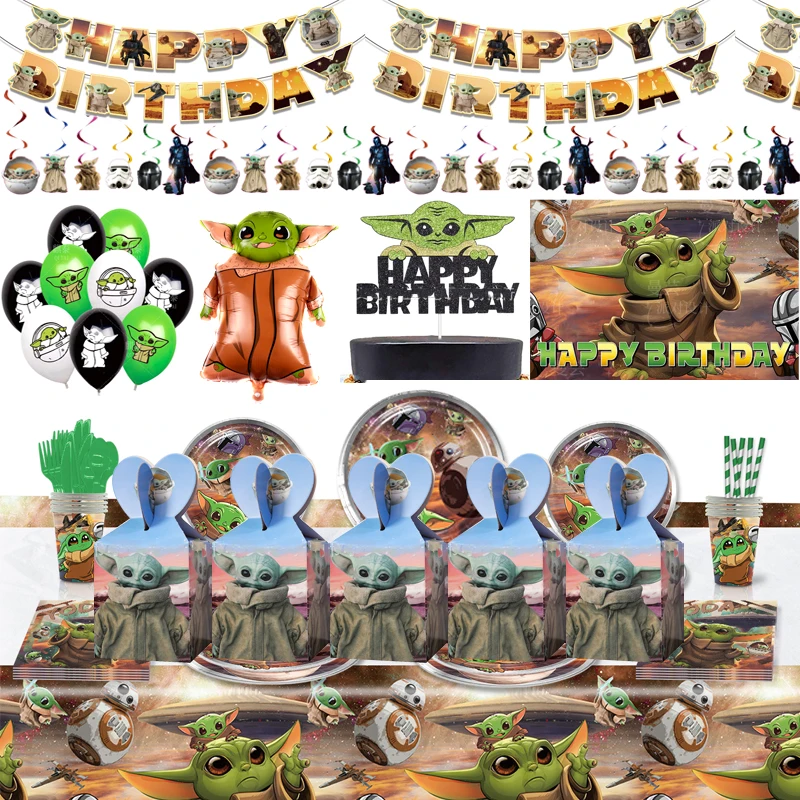 Disney Baby Yoda Theme Balloons Plates Cups Kids Boys Favors Happy Birthday Party Napkins Decoration Banner Straws Candy Boxes
