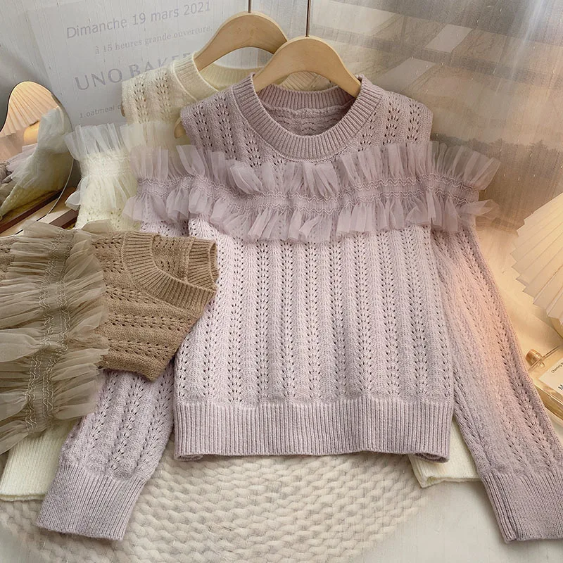 

Patchwork Mesh Ruffled Pullover Sweater Women Autumn Sweet Hollow O-Neck Off-the-shoulder Knitted Long Sleeve Top Sueter