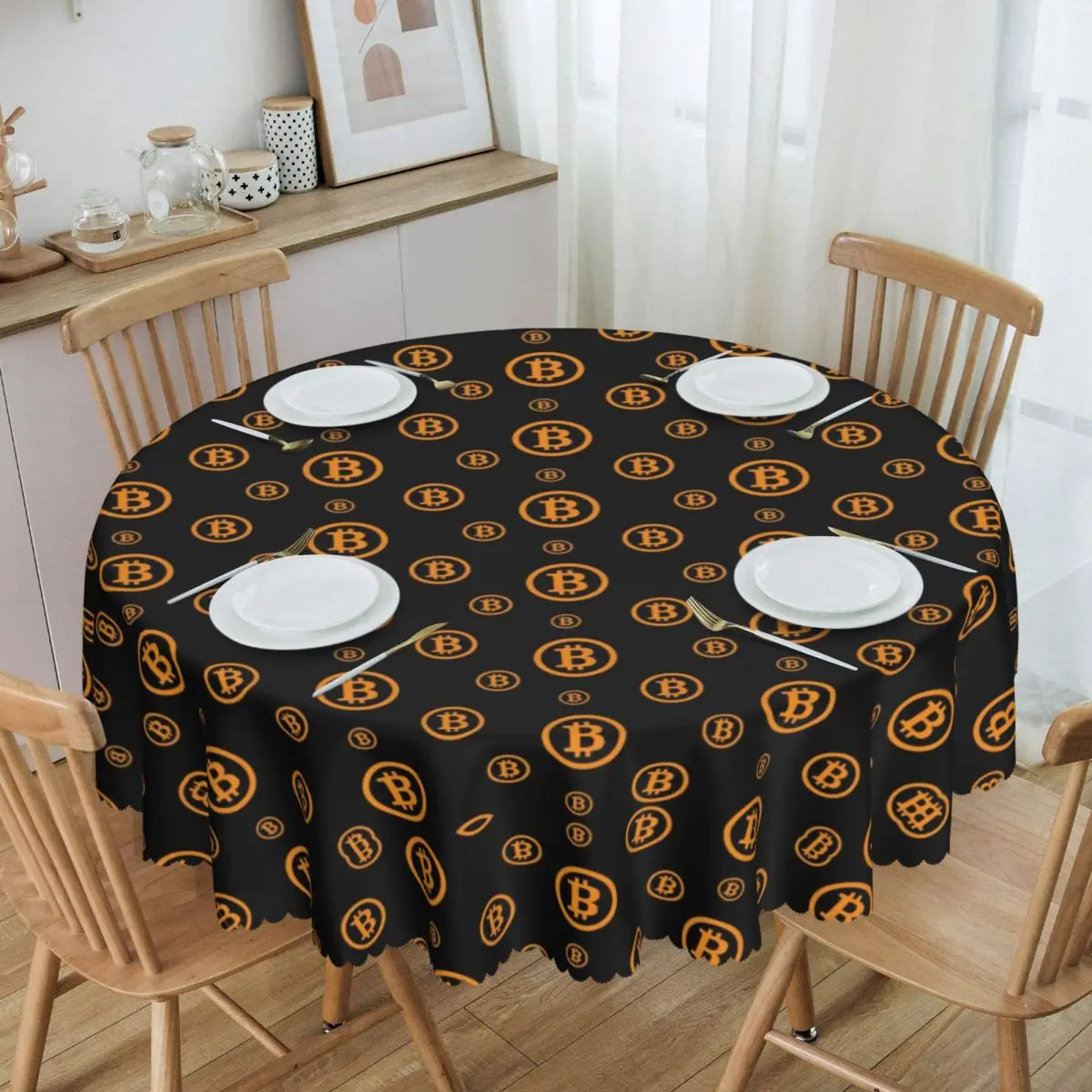 

Round Bitcoin Logo Pattern Table Cloth Oilproof Tablecloth 60 inches Table Cover for Kitchen Dinning