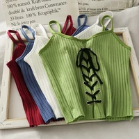 sexy tank top drawstring halter crop tops women summer camis backless camisole casual bandage tee female sleeveless cropped vest