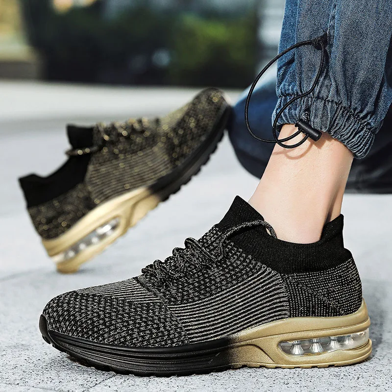 Fashion Mens Sneaker Light Breathable Running Shoes Knitting Air Cushion Lace Up Tennis Sports Shoes