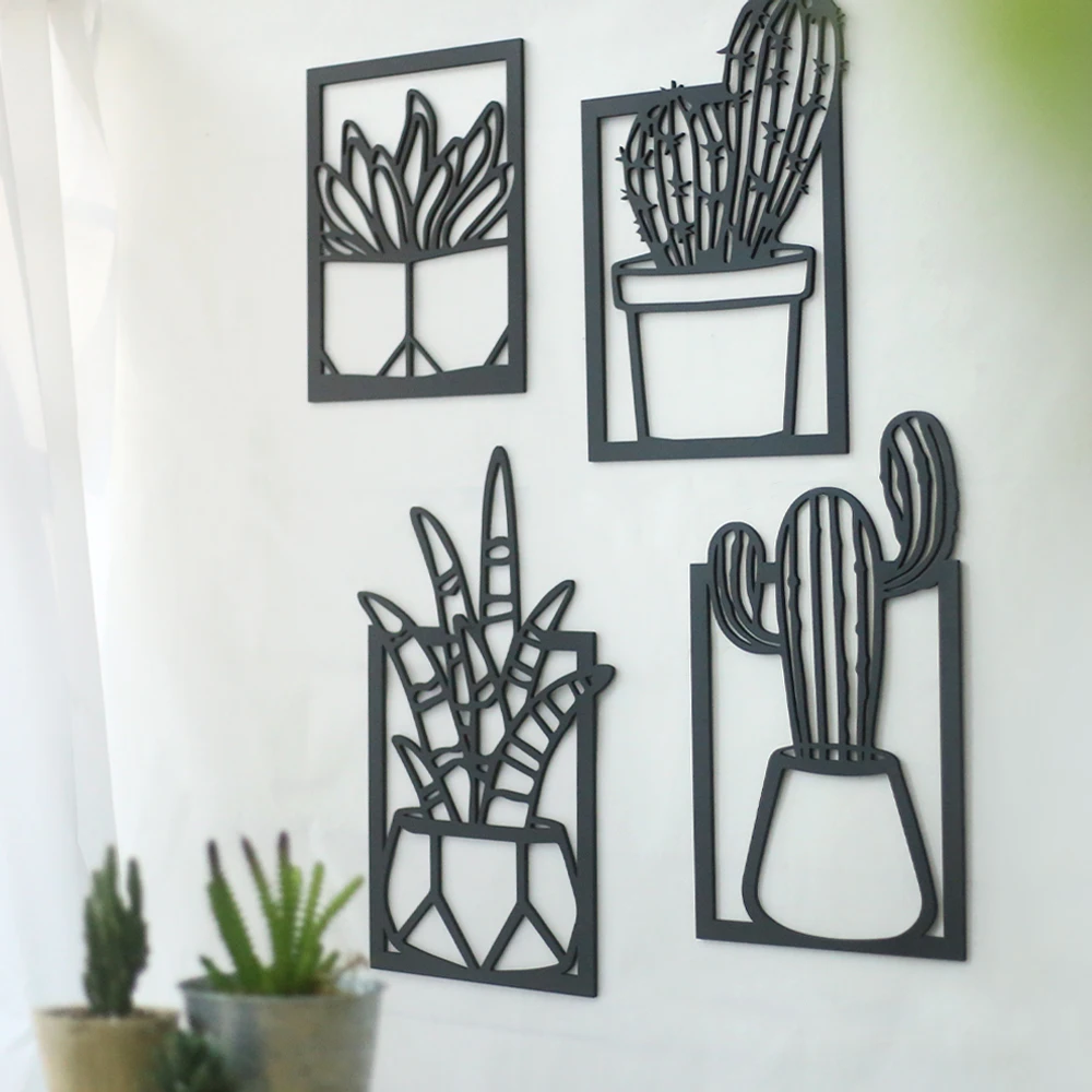 

Putuo Decor Desert Cactus 4Pcs Black Wooden Modern 3D Creative Stylish Decorative Painting Home Wall Art Living Room Decoration