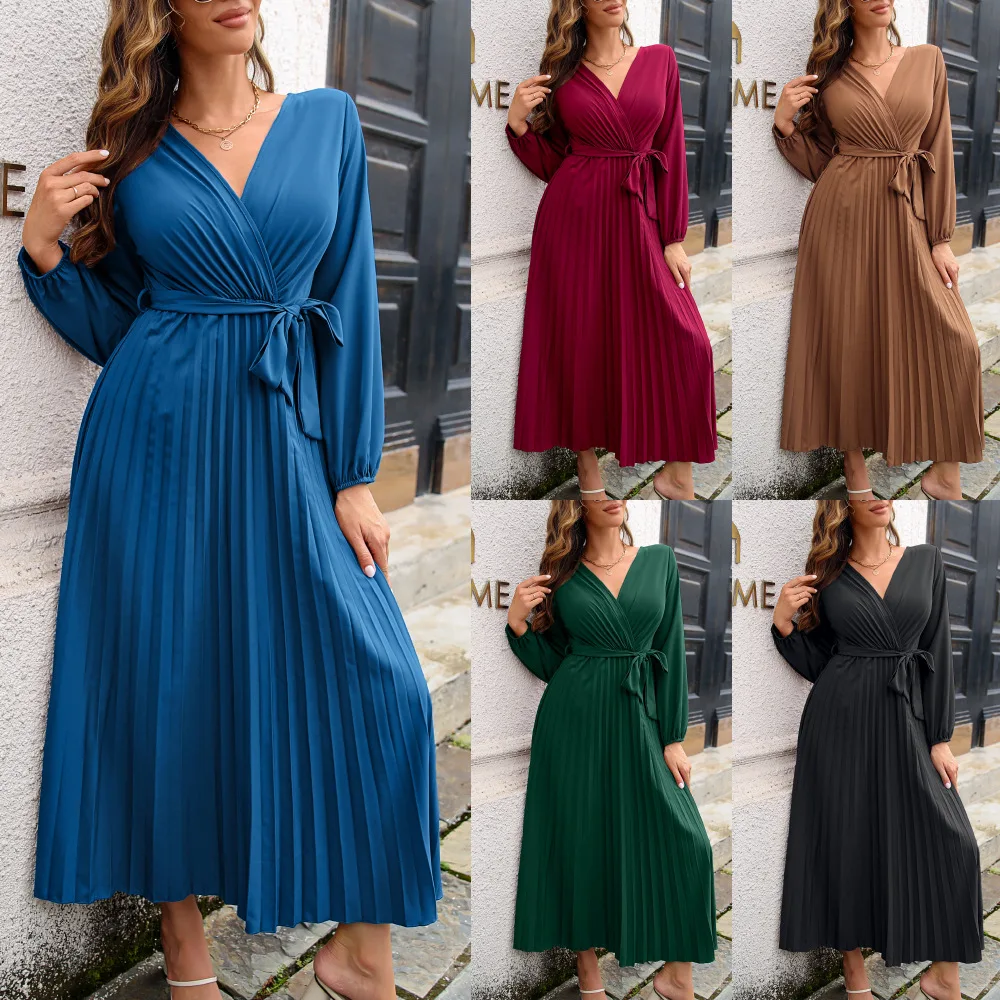 

Spring Autumn Solid Long Dress Women Cross V-neck Belt Flowing Pleated Hem Skirt Elegant Vintage Lightweight Fashion Streetwear