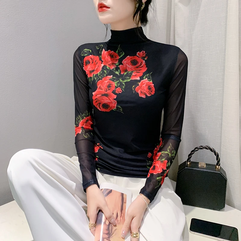 Женская Двухслойная футболка с длинным рукавом и цветочным принтом